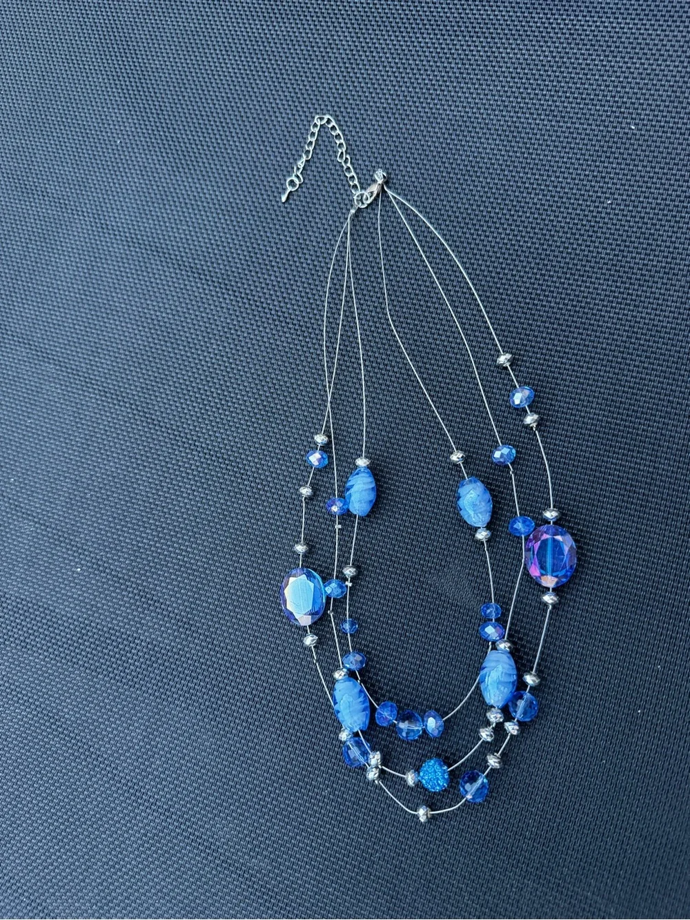 Blue Beaded Layered Multi-Strand Crystal Glass Necklace Lobster Closure 18
